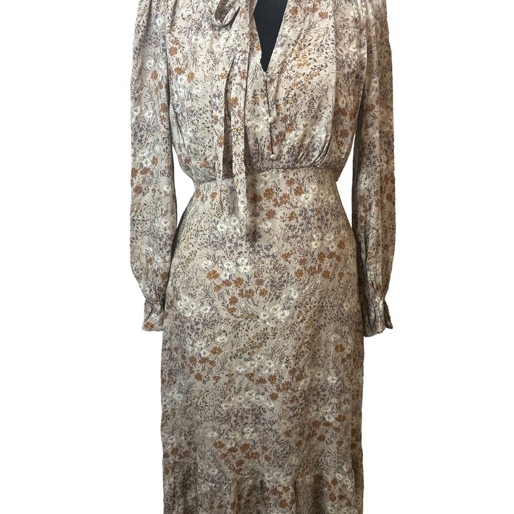 Main Strip Cream and Brown Floral Long Sleeve Dress Size S